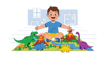 Flat style vector illustration of excited little boy playing with colorful dinosaur toys on a play mat. Perfect for childhood, imagination, preschool education and toy activity themes © Amie