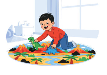 Flat style vector illustration of excited little boy playing with colorful dinosaur toys on a play mat. Perfect for childhood, imagination, preschool education and toy activity themes © Amie