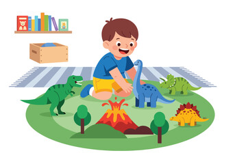 Flat style vector illustration of excited little boy playing with colorful dinosaur toys on a play mat. Perfect for childhood, imagination, preschool education and toy activity themes © Amie
