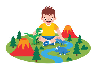 Flat style vector illustration of excited little boy playing with colorful dinosaur toys on a play mat. Perfect for childhood, imagination, preschool education and toy activity themes © Amie