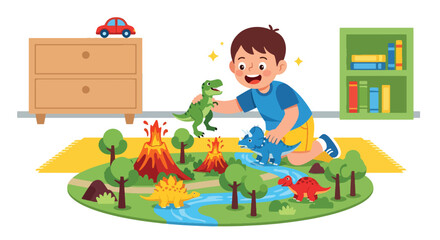 Flat style vector illustration of excited little boy playing with colorful dinosaur toys on a play mat. Perfect for childhood, imagination, preschool education and toy activity themes © Amie