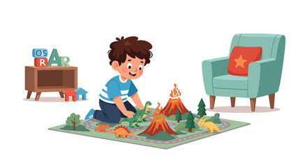 Flat style vector illustration of excited little boy playing with colorful dinosaur toys on a play mat. Perfect for childhood, imagination, preschool education and toy activity themes © Amie