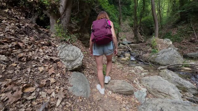 Woman with backpack hiking along a rocky forest stream