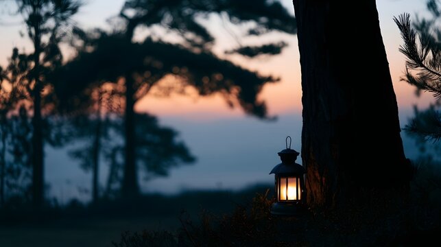 A glowing lantern sits beside a tree trunk at dusk  casting warm light against silhouetted pine trees and soft sky colors