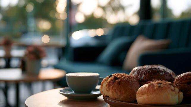 A cup of coffee sits beside a plate of fresh pastries on a wooden table near comfortable seating