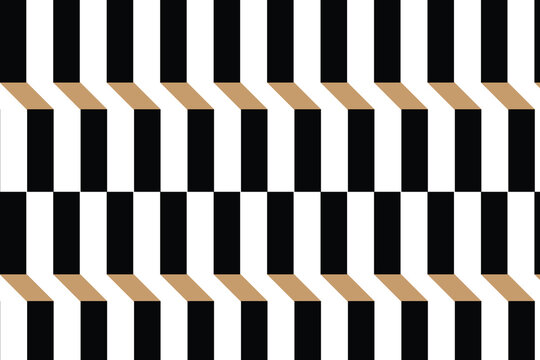 Geometric 3D optical illusion pattern, abstract black and white vertical stripes with tan accents, modern architectural vector background