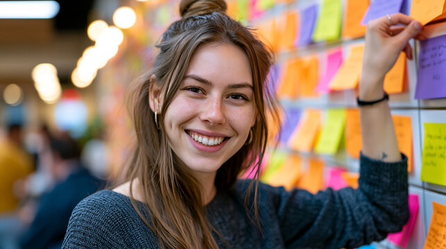 An employee engagement specialist posts anonymized culture survey responses onto a large wall grid during a facilitated team workshop, the collaborative diagnostic process reflecting an organization