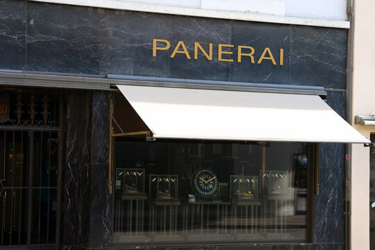Basel, Switzerland, May 25, 2026: Luxury Watch Storefront with Panerai Branding and Elegant Window Display Signage