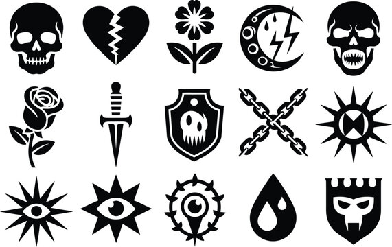 Dark grunge vector collection featuring skulls broken heart flower crescent moon lightning rose dagger shield chain sun eye drop and gothic emblem.