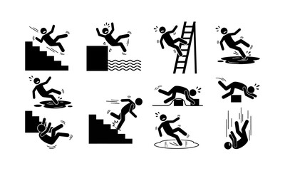 Obraz premium Various illustrations of people falling from different heights and surfaces in humorous accidents