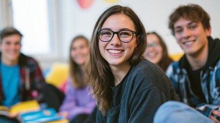 Fototapeta premium Young Woman Smiling at Camera with Group of Teenagers Behind Her