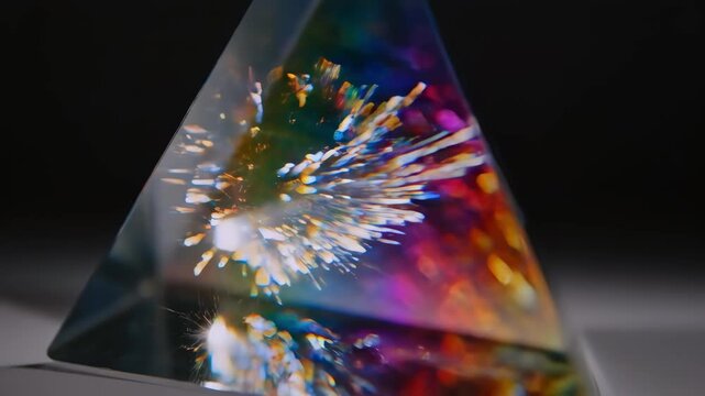Macro view of glass prism refracting white light into vivid rainbow spectrum, shimmering facets scattering colorful rays and luminous particles while reflections and diffraction create elegant optical