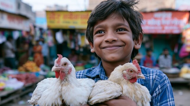 Young Boy with Chickens, Market Scene