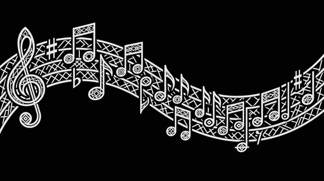 Ilustra&ccedil;&atilde;o art&iacute;stica de notas musicais brancas e clave de sol com padr&otilde;es detalhados sobre um fundo preto, criando um design elegante e decorativo para projetos musicais.