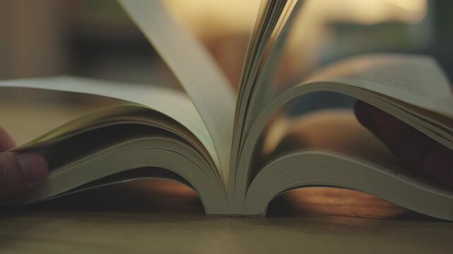 Slow motion of Hand Flipping Book Pages on Wooden Table. Education Study Concept.
