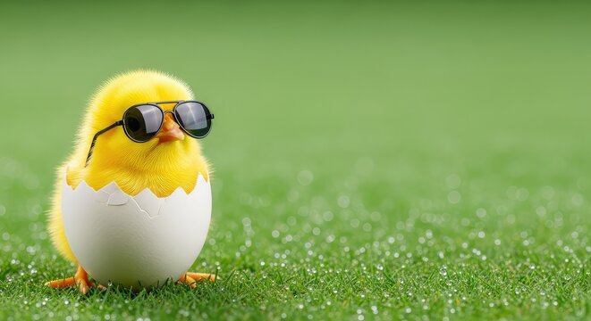 A tiny yellow fluffy chick peeks out from a cracked white eggshell wearing miniature sunglasses while sitting on a bright green meadow, cute, spring, wildlife