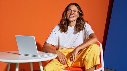 Fototapeta premium Woman in White Shirt Sitting on Orange Chair with Laptop