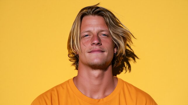 Long-haired surfer in a yellow t-shirt against a contrasting background.