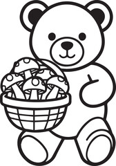 A charming cartoon bear holding a basket overflowing with freshly picked mushrooms, rendered in a simple, clean line art style. © DesignINKZ