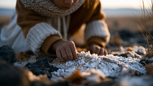 Child crouched at ground level examining frost crystals forming on fallen autumn leaf in desolate field at dawn, tiny fingers close to surface, macro world seen from child's