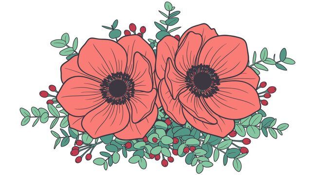 Piękna ilustracja wektorowa bukietu z czerwonymi kwiatami anemon&oacute;w oraz zielonymi gałązkami eukaliptusa na czystym białym tle, idealna do projekt&oacute;w graficznych i dekoracji.