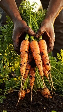Harvesting Fresh Carrots: A Close-Up of Hands Gently Uprooting Vibrant Orange Carrots Surrounded by Lush Green Foliage in a Sunlit Field