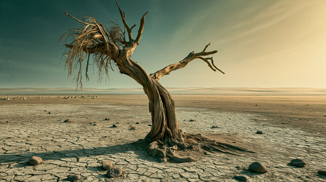 Dry Desert Landscape with Dead Tree and Climate Change Concept Background