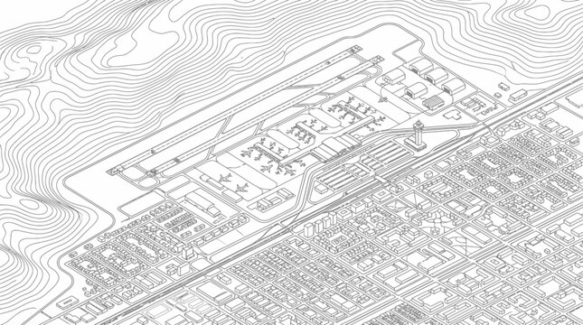 Architectural line drawing of an airport next to a city grid