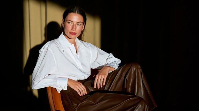 Woman in a white shirt posing with crossed arms, looking to the side.