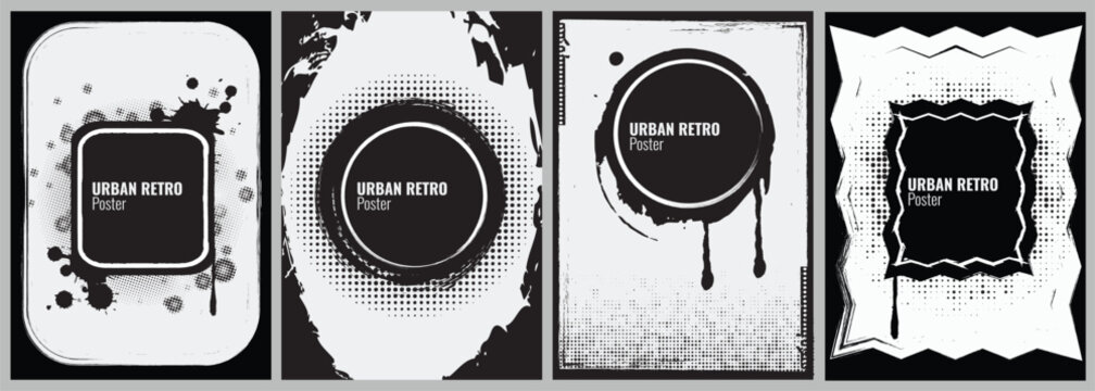 Monochrome urban retro poster template set with ink splatters