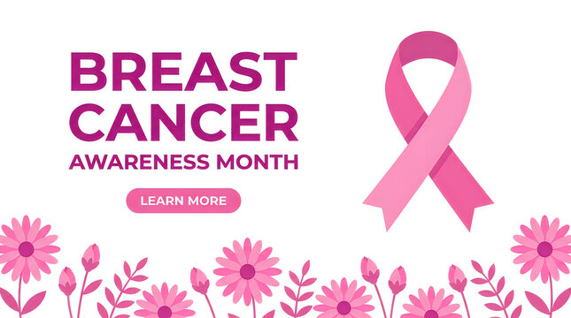 Breast cancer awareness month banner with large pink ribbon and floral decorations on clean background including learn more button for web navigation.