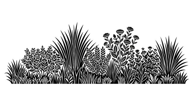 Ilustra&ccedil;&atilde;o vetorial em preto e branco de um jardim com diversas plantas, flores e folhagens variadas, ideal para design gr&aacute;fico, bordas decorativas e elementos de paisagismo.