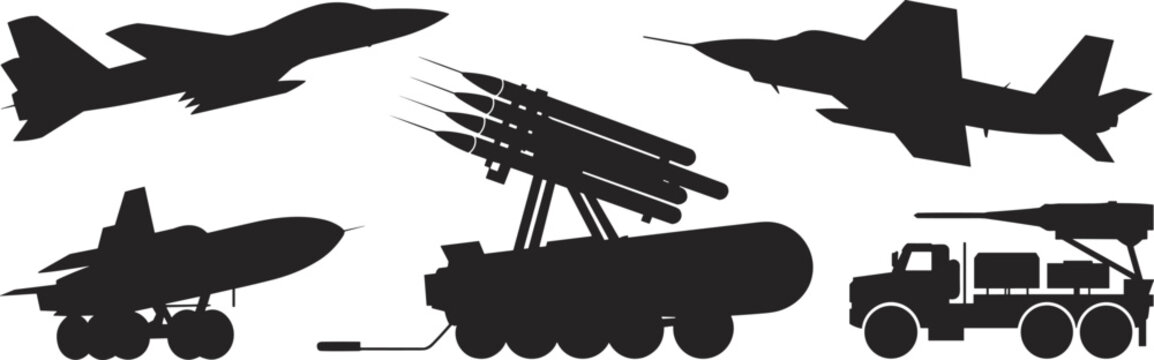 Military vehicles and jet aircraft silhouettes with missile launchers representing modern air and ground defense technology systems