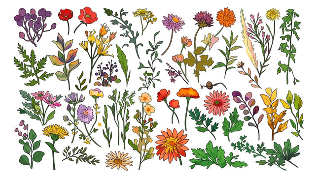 Conjunto de ilustra&ccedil;&otilde;es bot&acirc;nicas desenhadas &agrave; m&atilde;o com flores silvestres coloridas, folhas e ramos variados isolados em fundo branco para design criativo e decora&ccedil;&atilde;o