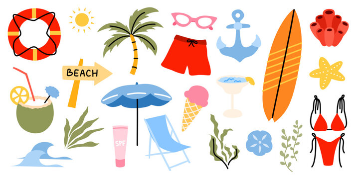 Summer Beach Vacation Sticker Set in Flat Cartoon Style. Surfboard, palm tree, beach umbrella, swimsuit, coconut drink, sunglasses, sunscreen and seaside essentials