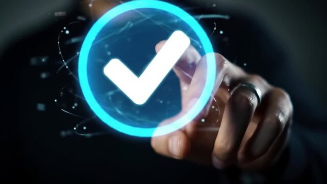Person touching glowing blue digital check mark icon for verification and success