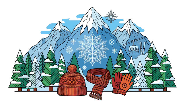 Ilustra&ccedil;&atilde;o vetorial de uma paisagem de inverno com montanhas nevadas, floresta de pinheiros, telef&eacute;rico e acess&oacute;rios de frio como gorro, cachecol e luvas em estilo gr&aacute;fico plano.