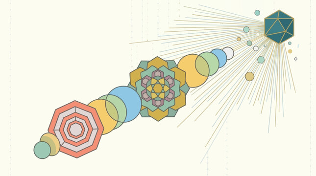 Composi&ccedil;&atilde;o abstrata com formas geom&eacute;tricas coloridas, incluindo mandalas, c&iacute;rculos e um icosaedro radiante em um fundo de papel texturizado com estilo minimalista e moderno.