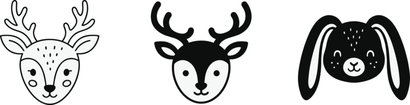 Minimalist deer and rabbit head vector illustrations with antlers and cute cartoon animal silhouettes for decorative graphic design