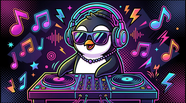 Cute neon penguin DJ performing music with headphones and sunglasses on a vibrant electronic dance stage background