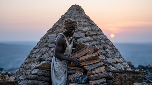Ghanaian charcoal maker stacking hardwood billets inside a traditional earthen mound kiln on a quiet rural hillside at dusk, smoke beginning to thread from the sealed clay vents,