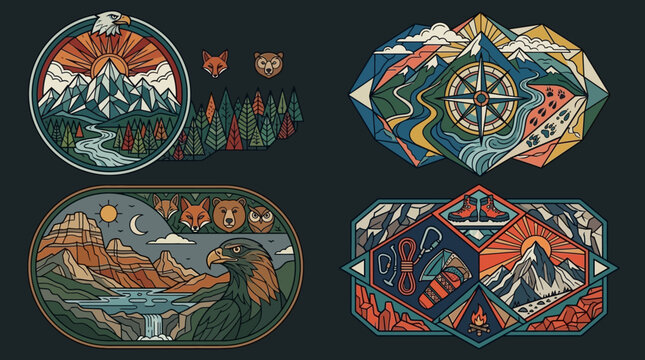 Zestaw czterech ilustracji w stylu vintage przedstawiających g&oacute;rskie krajobrazy, dziką przyrodę, kompas oraz sprzęt wspinaczkowy w formie odznak dla miłośnik&oacute;w przyg&oacute;d na świeżym powietrzu.