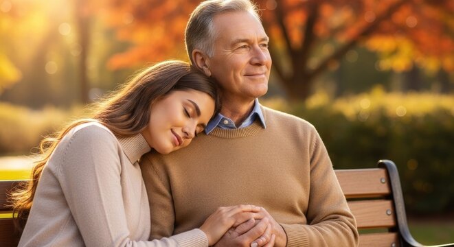Senior man and young woman sitting together outdoors.