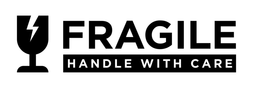 Fragile handle with care stamp black vector. Isolated sticker fragile handle with care packaging label on white background. Packing box pictogram warning concept. Vector illustration.