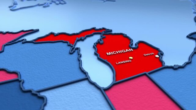 Looped 3D election map animation of the United States zooming into Michigan state, featuring red, blue, purple and green political outcome variations. 