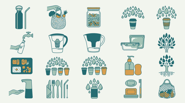 Conjunto de &iacute;cones vetoriais sobre sustentabilidade e vida sem desperd&iacute;cio, apresentando alternativas ecol&oacute;gicas, produtos reutiliz&aacute;veis, conserva&ccedil;&atilde;o de &aacute;gua e h&aacute;bitos de consumo consciente.
