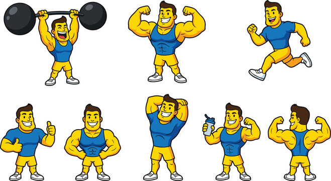 Cute muscle man cartoon character mascot vector illustration set featuring bodybuilder poses like running, flexing, and lifting weights for fitness gym branding
