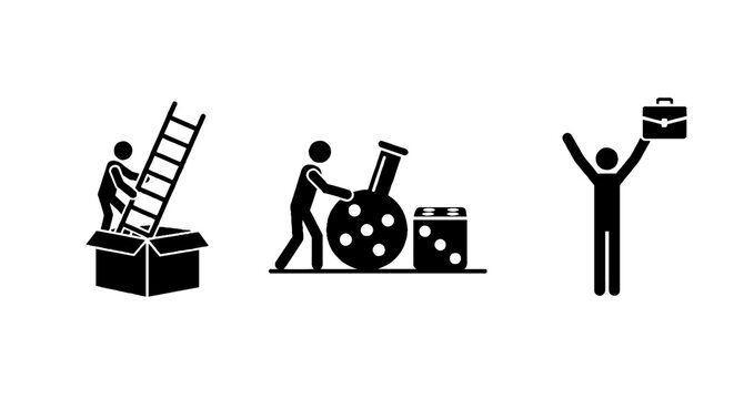 Silhouette icons of workers handling boxes and film reels.