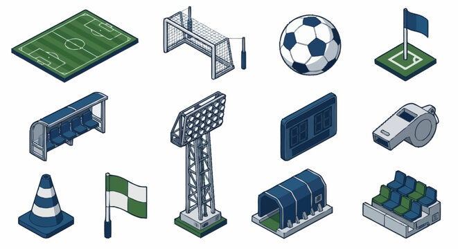Isometric Soccer Stadium and Equipment Collection.