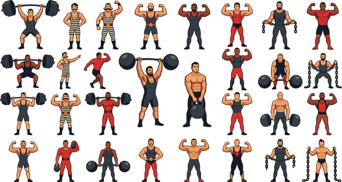 Vintage strongman and bodybuilder cartoon character vector illustration set featuring retro circus performers lifting heavy barbells, weights, and steel chains